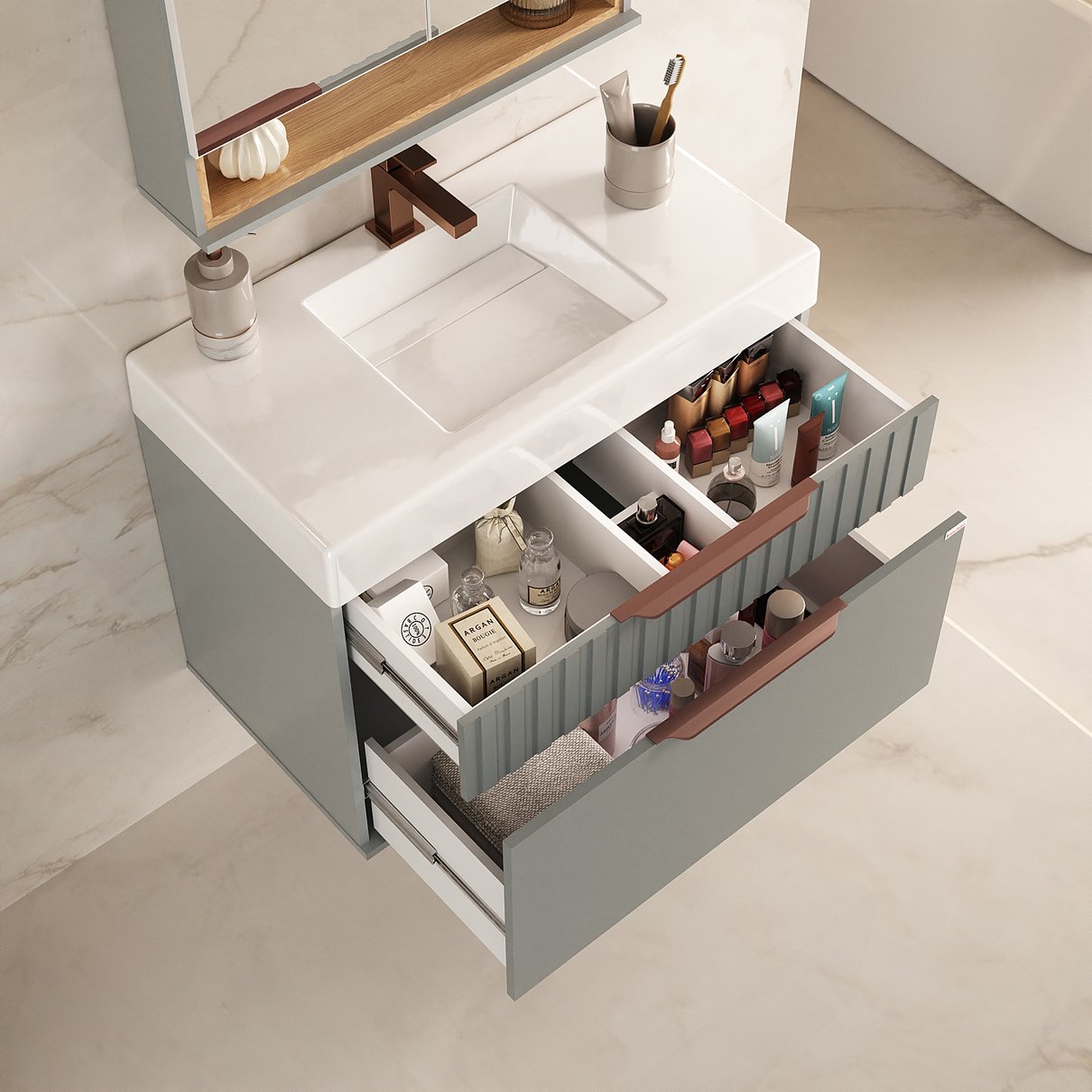 conjunto teodora suspenso lavatorio jade branco brilho e cor avela com catedral 2 detalhe aberto decorado