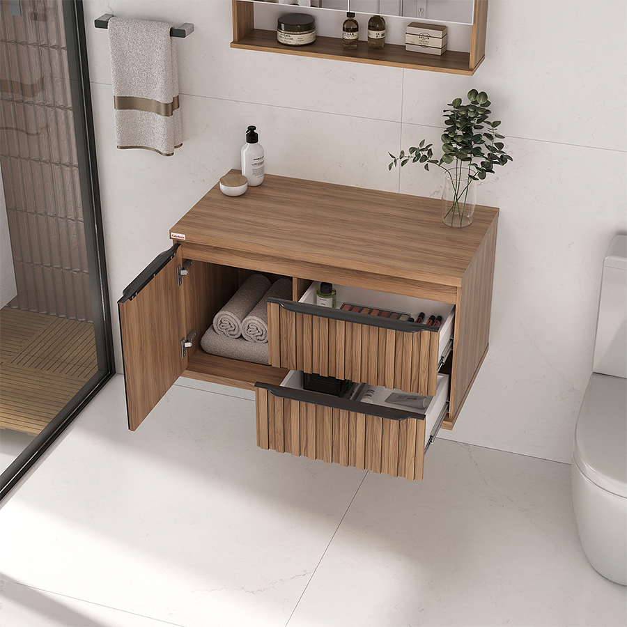 gabinete para banheiro cecilia 80 cm suspenso nogal gabinete fechado ambientado