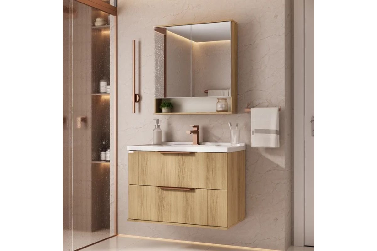 conjunto de banheiro suspenso em cor natural